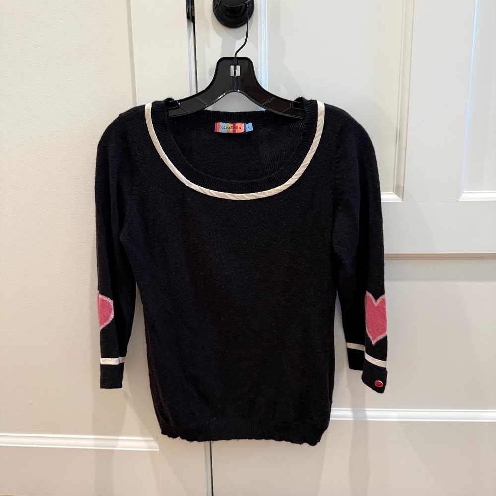 BLACK SWEATER WITH PINK HEARTS ON ELBOWS